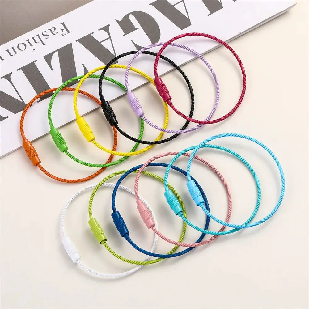 Stainless steel DIY keychains and keyrings kit (10–50 pcs) with screw-lock cable loops in rainbow colors