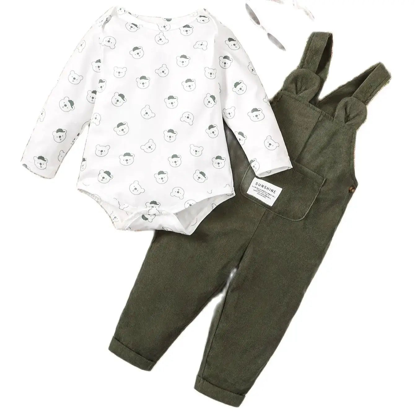 3 To 24 Months Baby Boy Bear Print White Long Sleeve Top And Green Strap Pants Autumn Clothing Set