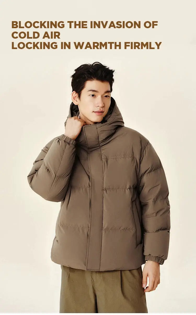 Men's taupe down jacket, shoulder-fitting puffer with high collar, waterproof windproof outerwear