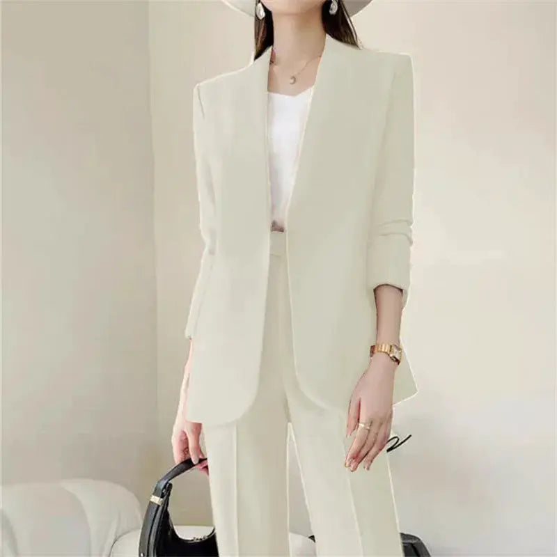 Cream 2-piece women's suit set with blazer and trousers, Simples Market, elegant commuter style