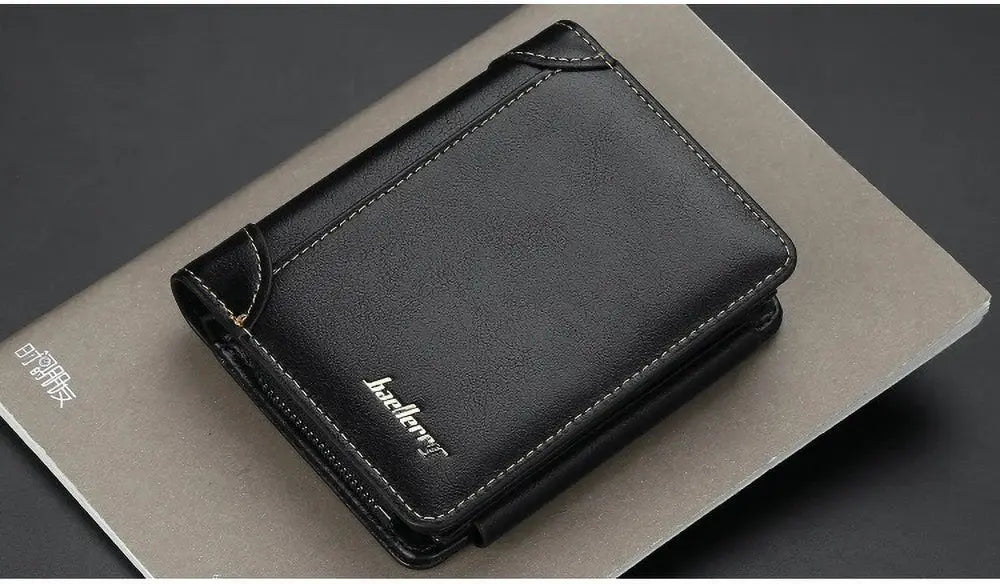 Baellerry short wallet for men, black PU leather with white stitching and RFID blocking, front-pocket style.