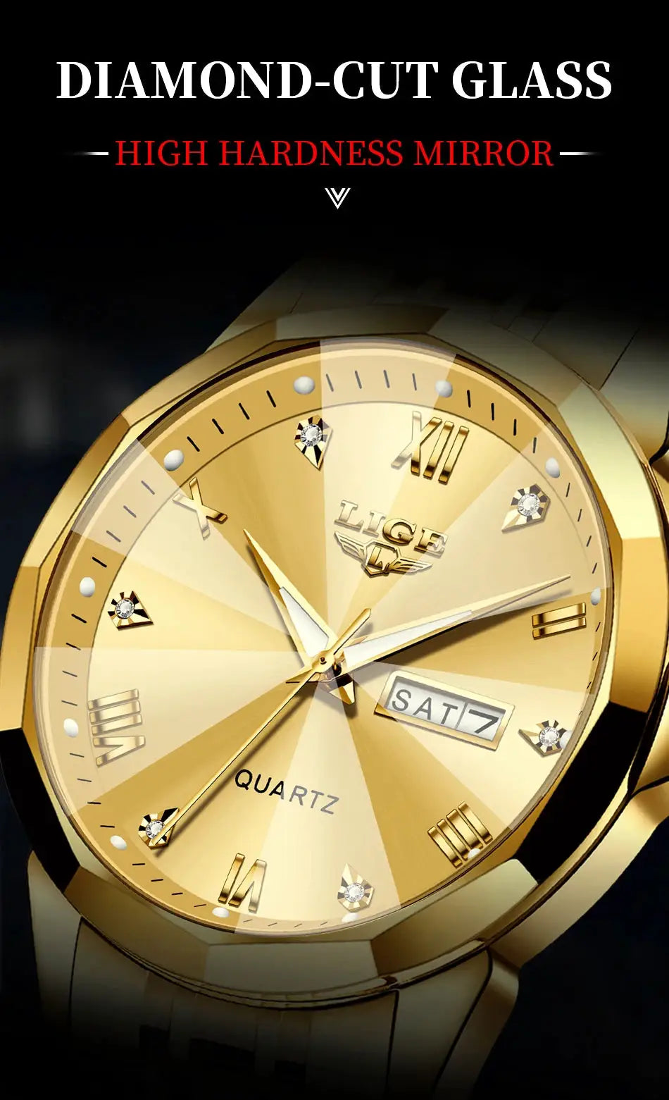 LIGE gold-tone women's quartz watch with diamond markers