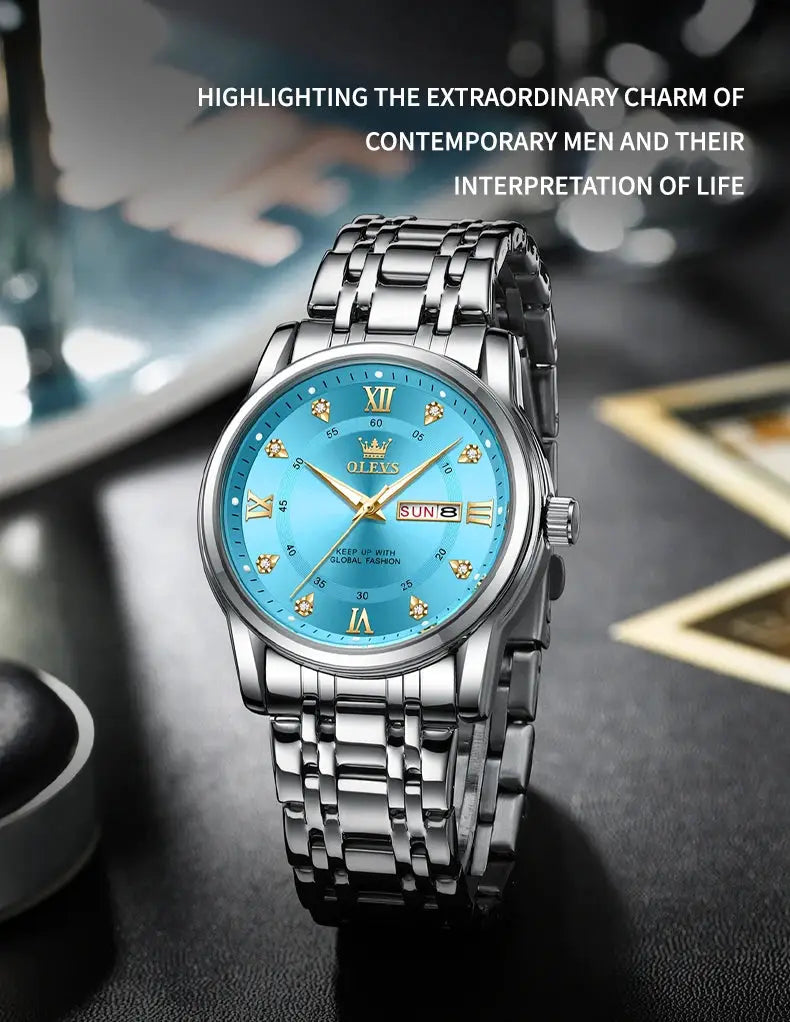 OLEVS men's stainless steel quartz watch with blue dial, diamond markers and dual calendar