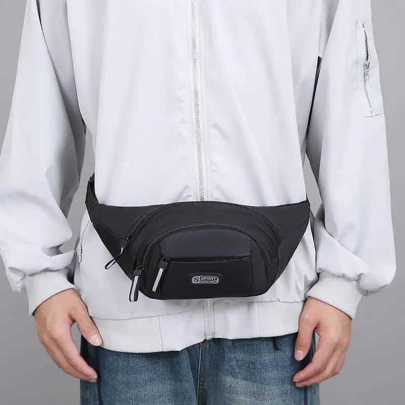 Men's black fitness waist pack with multiple zip pockets and front logo patch