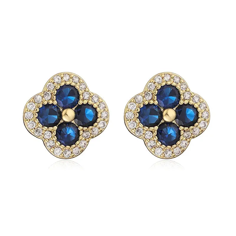 HECHENG 18K gold-plated flower-shaped earrings with blue CZ stones and clear crystal halo, 1 pair