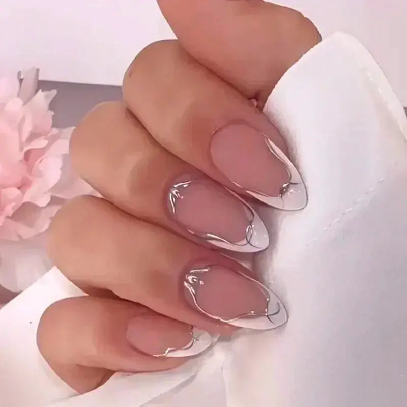 Glamora French Almond False Nails 24 Piece Press On Stiletto Tips With White Edge Design Glue Included For Wearable Glam