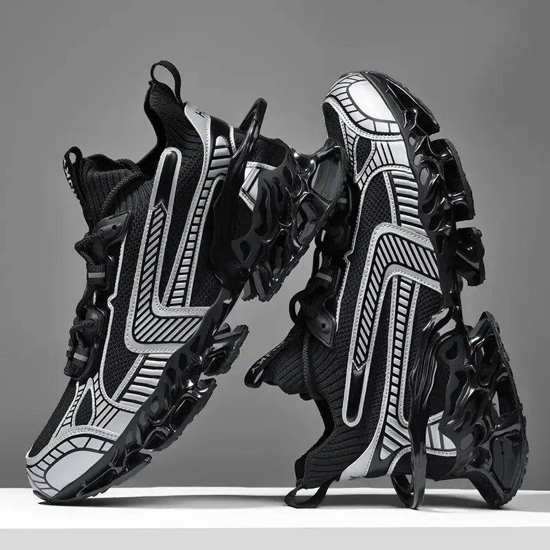 Men's sneakers pair in black and white with a futuristic sculpted sole