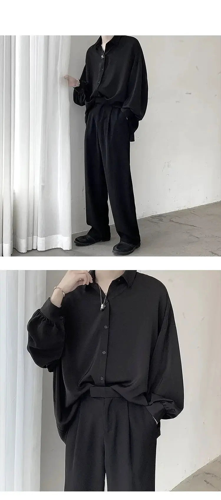 Two views of black oversized men's long-sleeve button-front shirt with loose fit, casual Harajuku style