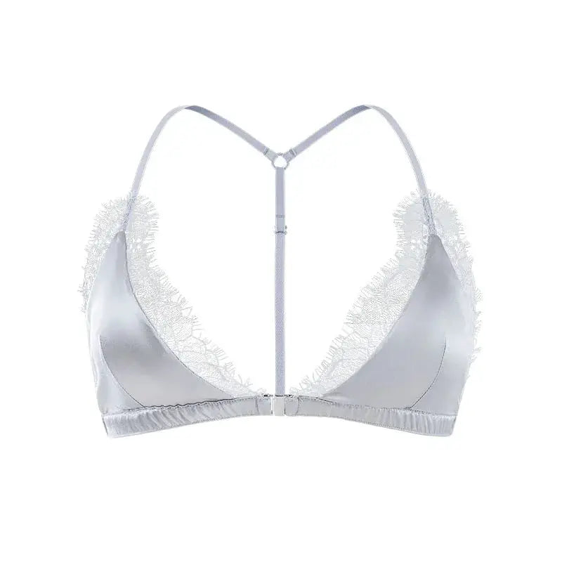 Birdtree silk-blend lace bralette by Simples Market, wireless triangle cups with front closure, light gray
