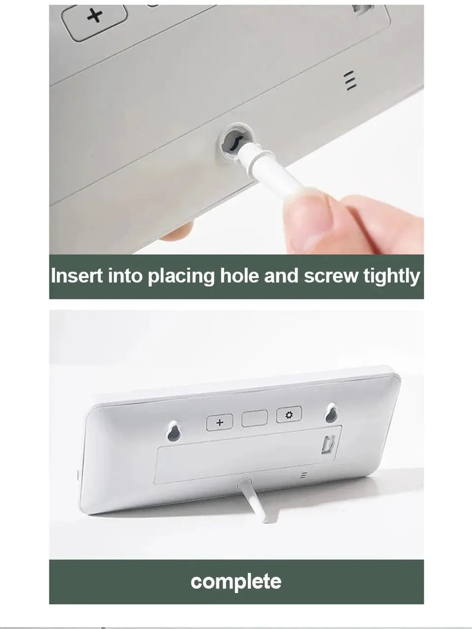 Simples Market white LCD digital wall clock; battery-powered desktop clock with back panel and USB port.