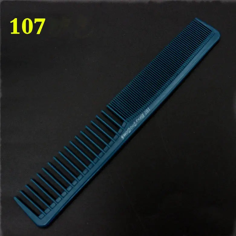 Blue anti-static professional barber comb with fine teeth and flat head.