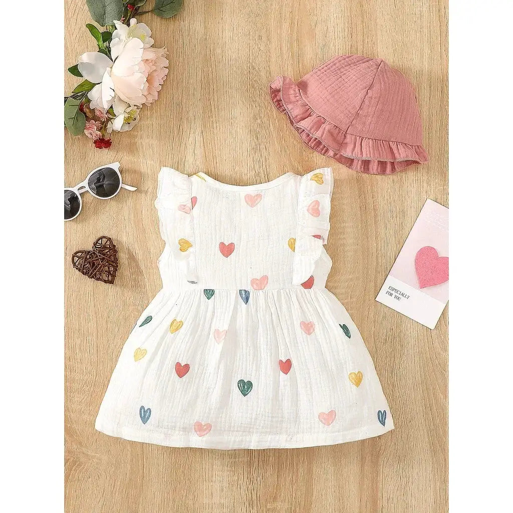 Two Piece Dress Set For Newborn Baby Girl With Love Print Sleeveless Dress And Hat Summer Fashion 0 To 9 Months