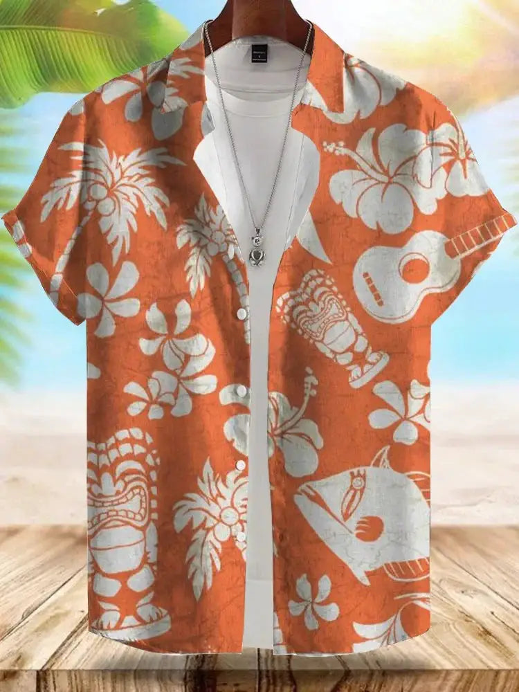 Seaside Hawaiian Style men's orange floral short-sleeve shirt by Simples Market.