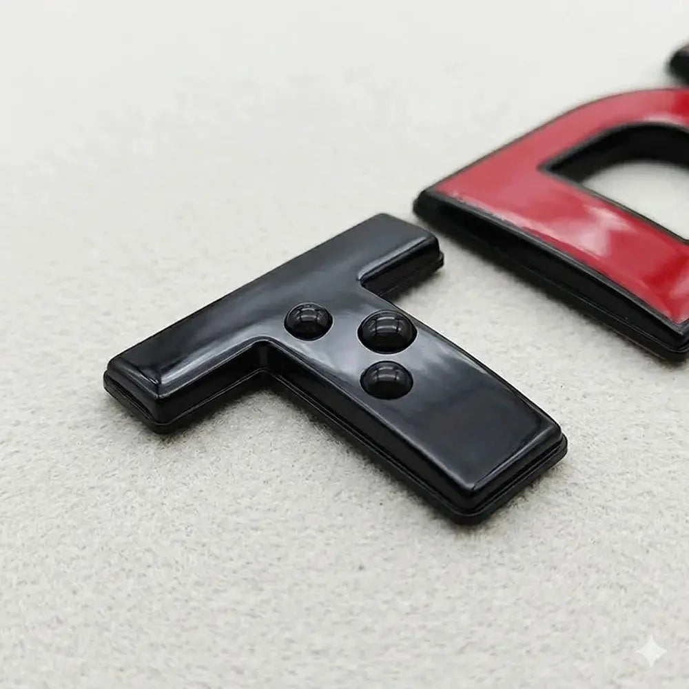 TDI emblem badge set, two-piece 3D black ABS for VW trunk, includes T-shaped badge and red frame
