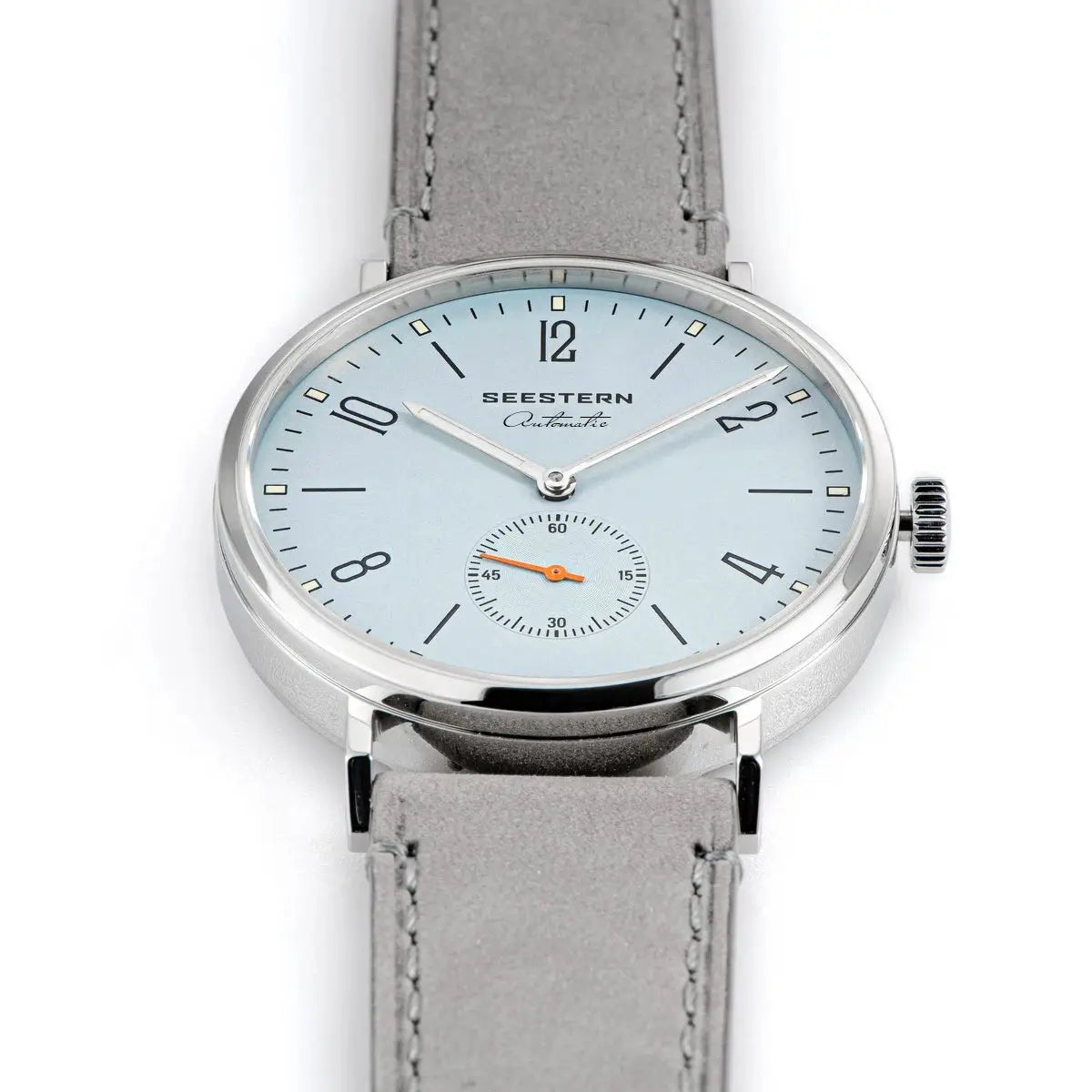 Seestern men's automatic wristwatch with light blue dial, silver case, gray leather strap.