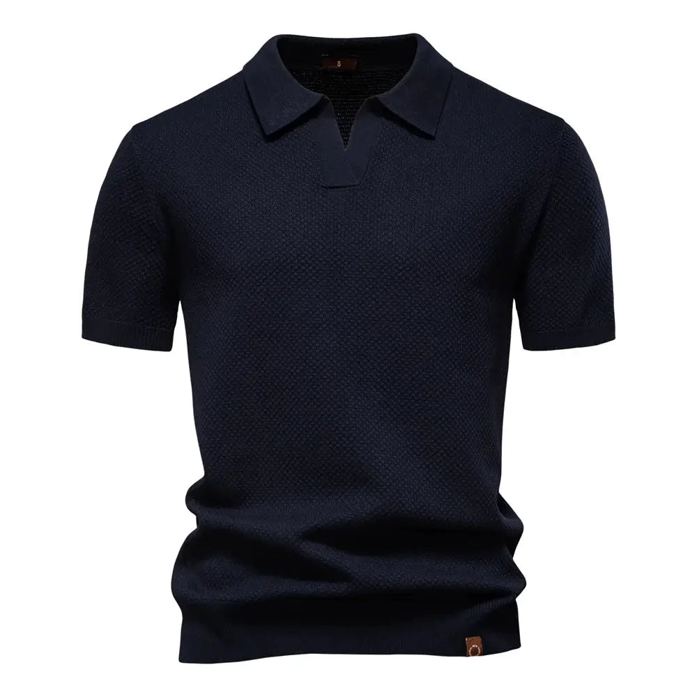 Men's navy golf polo shirt with collar and short sleeves textured knit