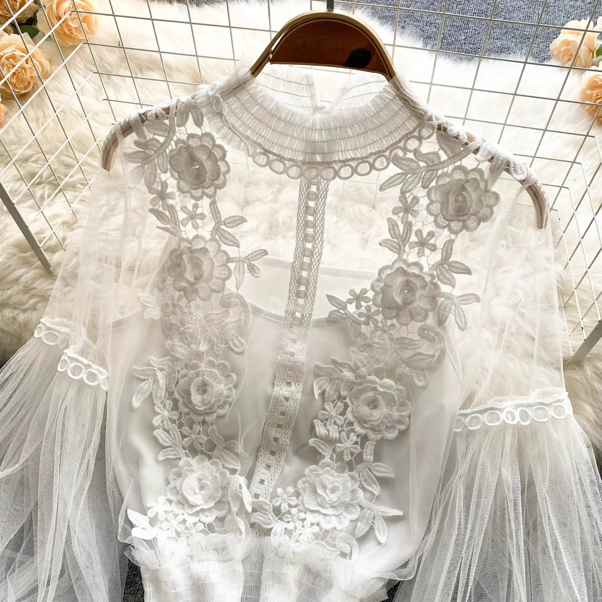 Lace Puff Long Sleeve Blouse in white with floral embroidery and sheer lace panels