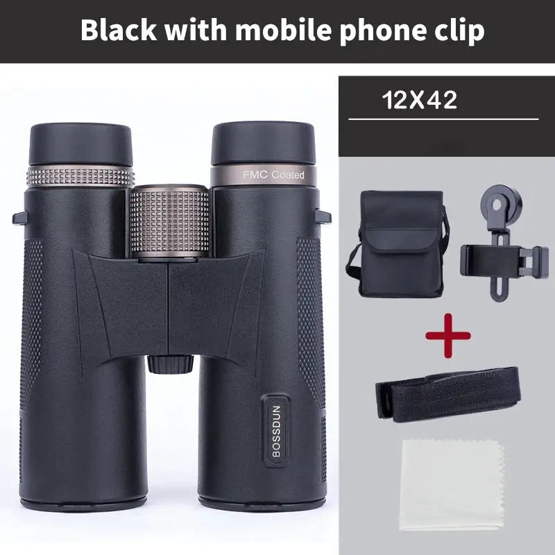 Binoculars 12x42 black with BOSSDUN branding; includes case, clip, strap, and cleaning cloth