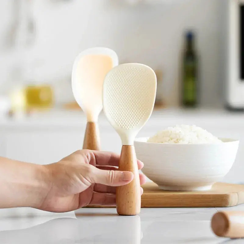 Wooden Handle Silicone Rice Spoon For Rice Cooker Heat Resistant Nonstick Kitchen Utensil