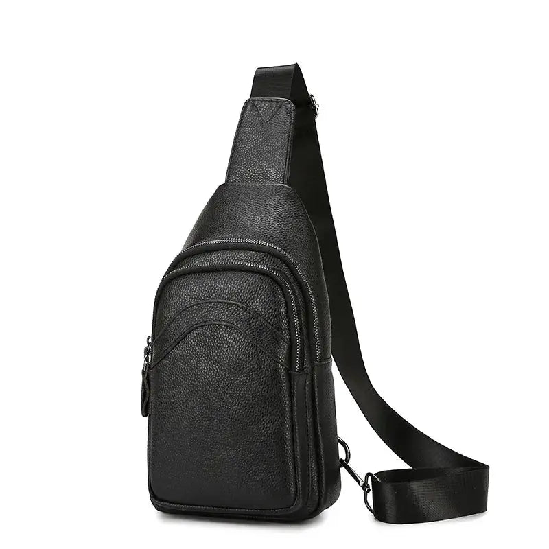 Men's black genuine top-grain leather chest bag with crossbody strap and large-capacity main compartment
