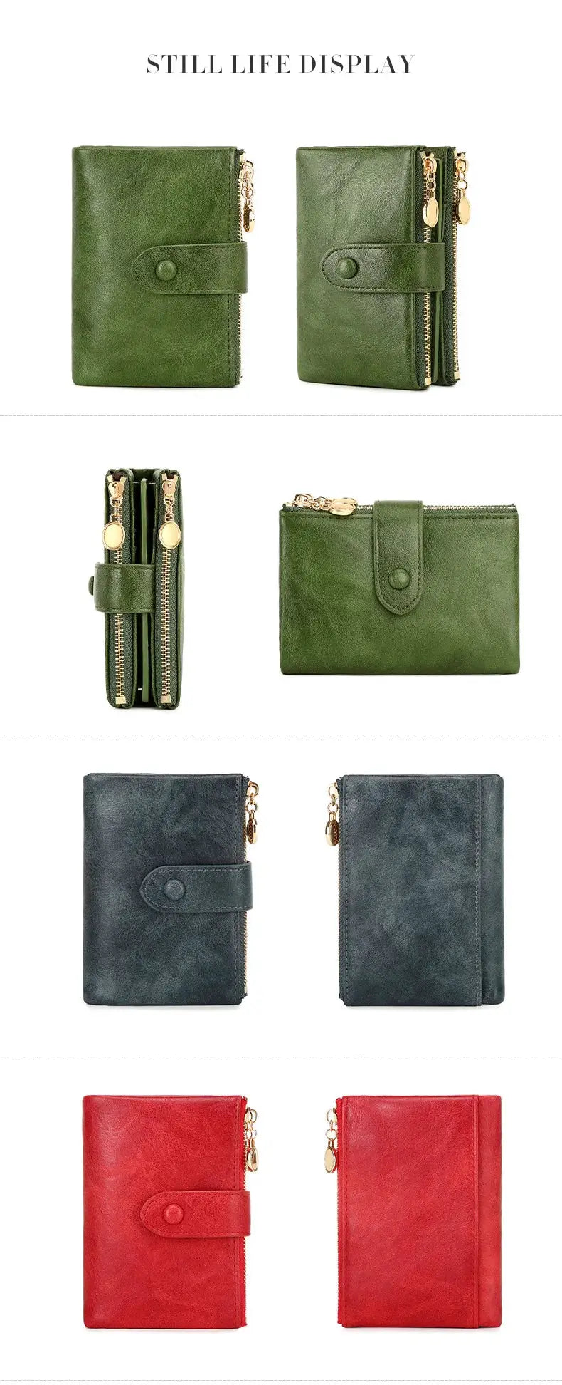 Minimalist Women's Wallet by Simples Market; triple-layer design with dual zippers, color variants (green/blue/red)