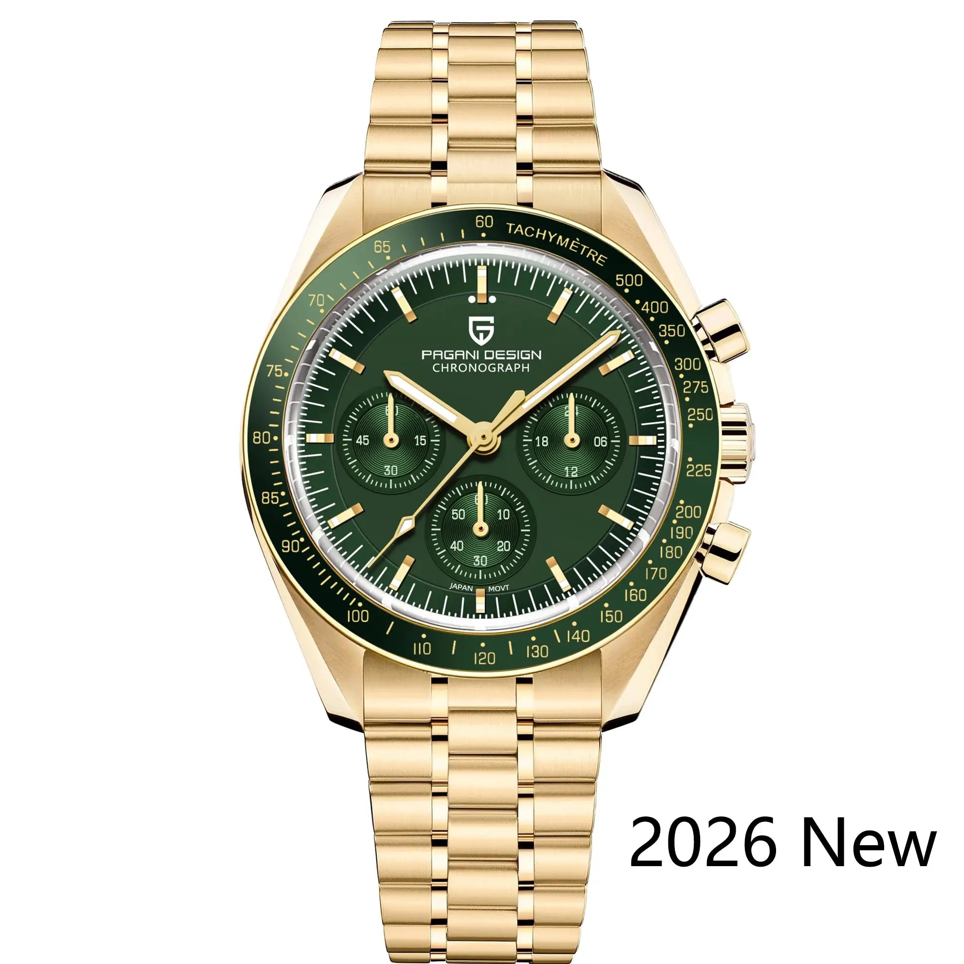 Pagani Design men's gold-tone chronograph watch with green dial and tachymeter bezel