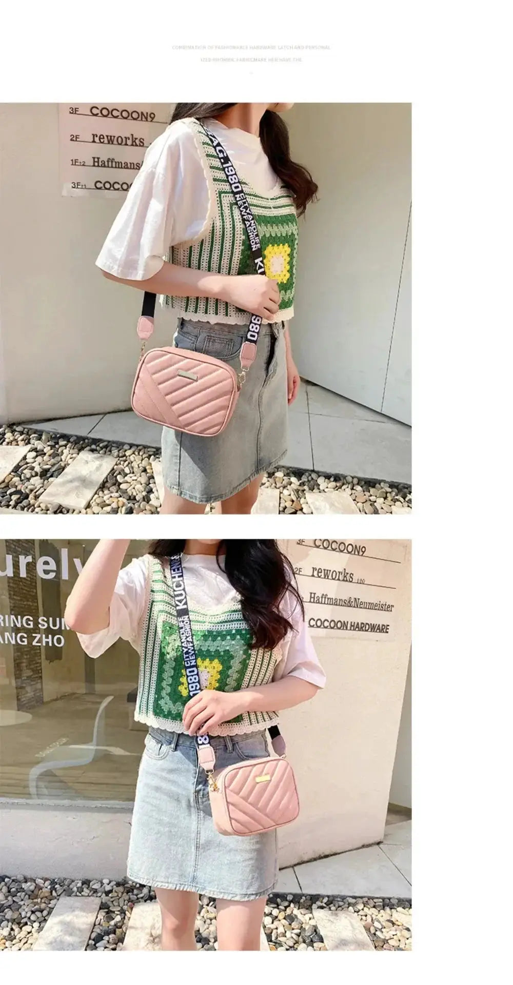 Shoulder bag in pink quilted PU with adjustable strap, worn with a white top and denim skirt.
