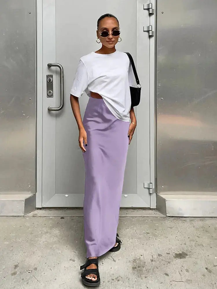 Satin lavender trumpet skirt, high-waist long office-ready skirt for women