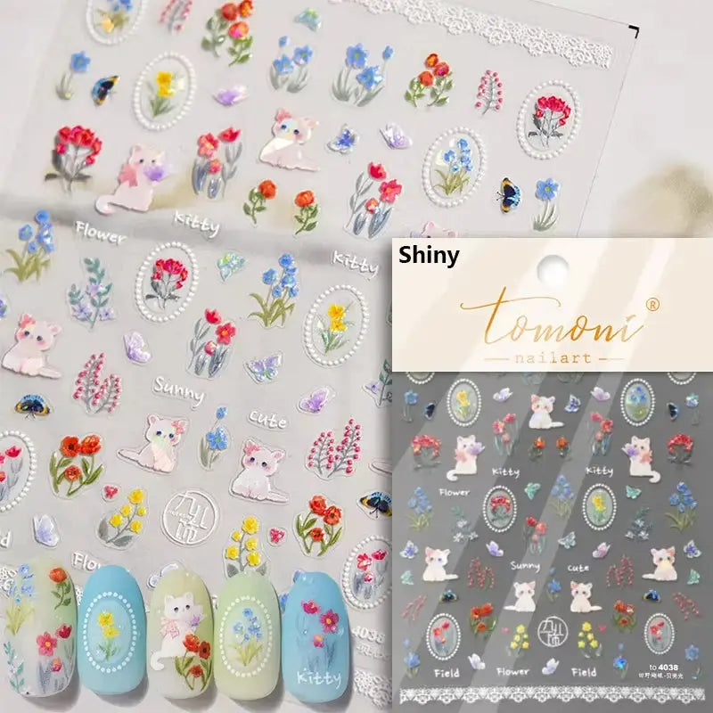 Nail art stickers: pink translucent peach jelly texture, 5D embossed, self-adhesive with flowers and kittens by Tomoni