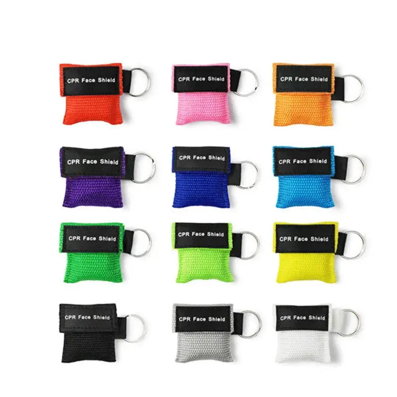 Keychain CPR face shields, 12-pack in assorted colors with metal key rings.