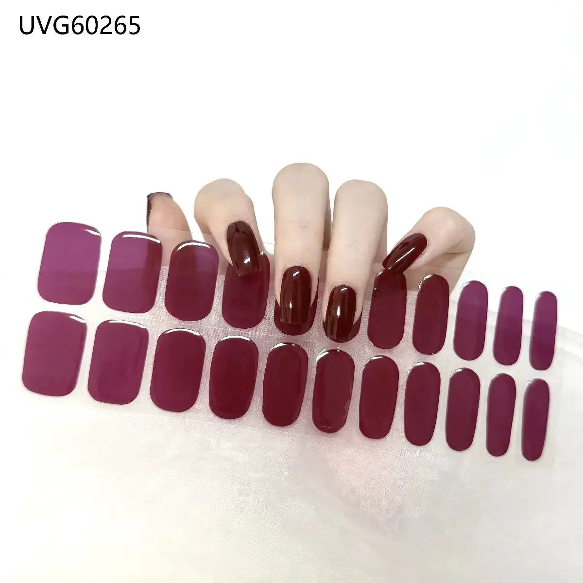 Gel nail wrap sheet in deep burgundy wine color with 22 full‑cover tips for DIY manicure