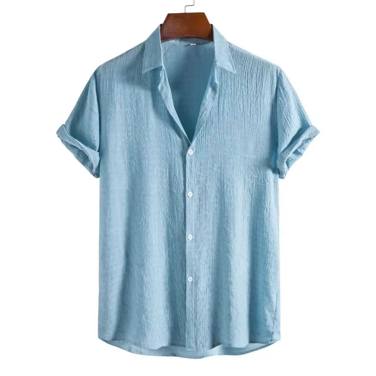 Men's light blue linen shirt, short sleeves, collared, button-front on hanger