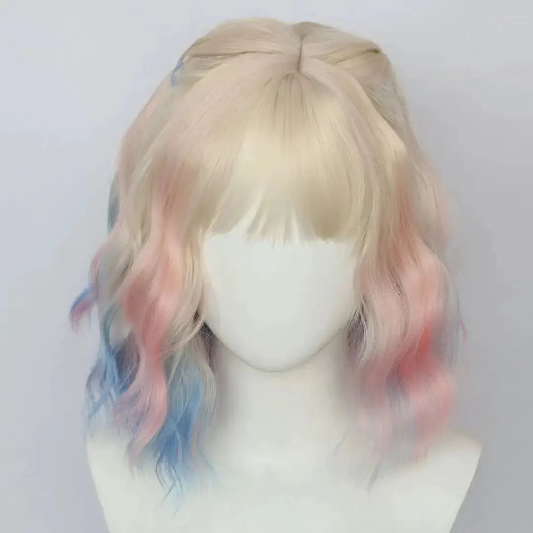 Simples Market Addams Family Wednesday Enid Sinclair cosplay wig, blonde base with pink and blue ends, wavy with fringe
