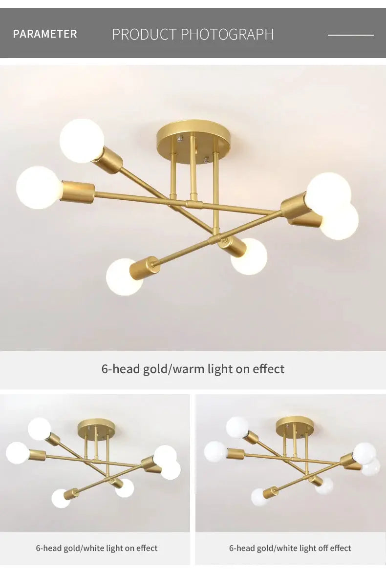 6-head gold LED ceiling lamp by Simples Market with E27 base