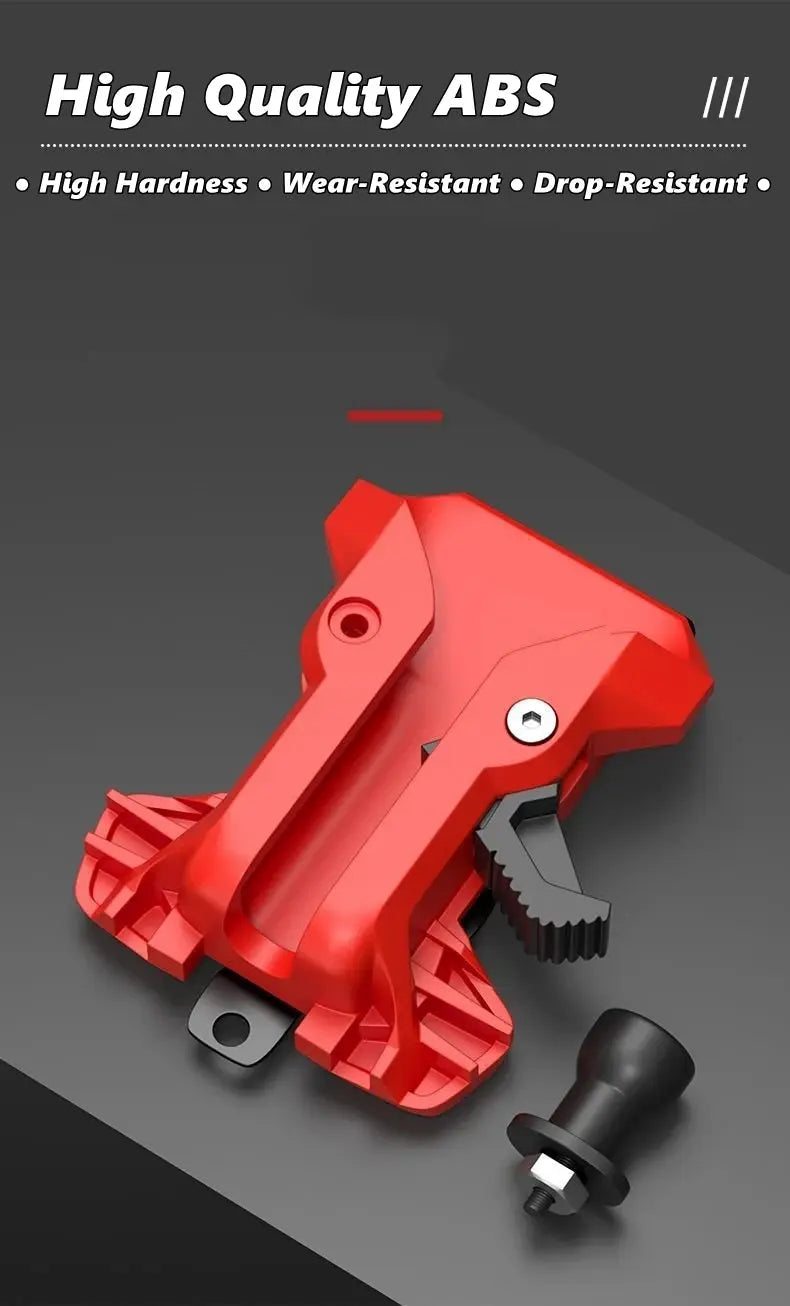 Portable self-locking drill holder with belt clip, red ABS plastic tool organizer with quick-release lever.