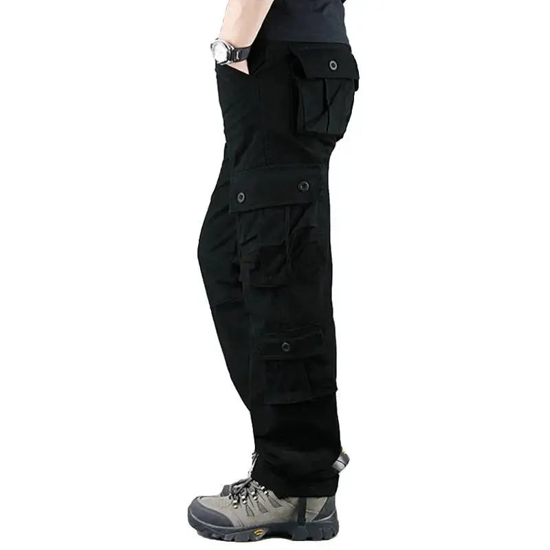 Men's tactical cargo pants in black cotton by Simples Market with multiple pockets