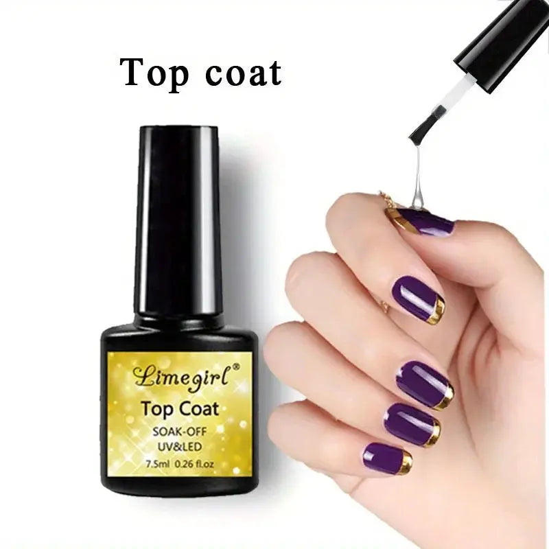 Top Coat Limegirl bottle beside a hand with purple gel nails and gold tips