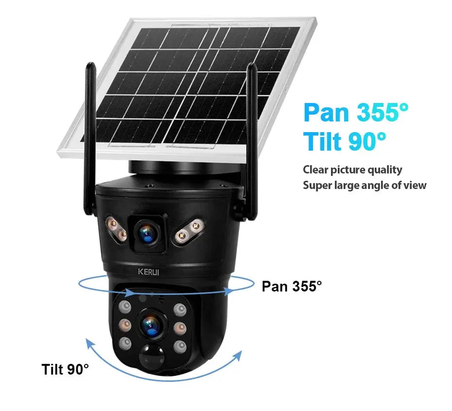 KERUI outdoor waterproof 6MP solar security camera with dual lens and solar panel, 355° pan/90° tilt.