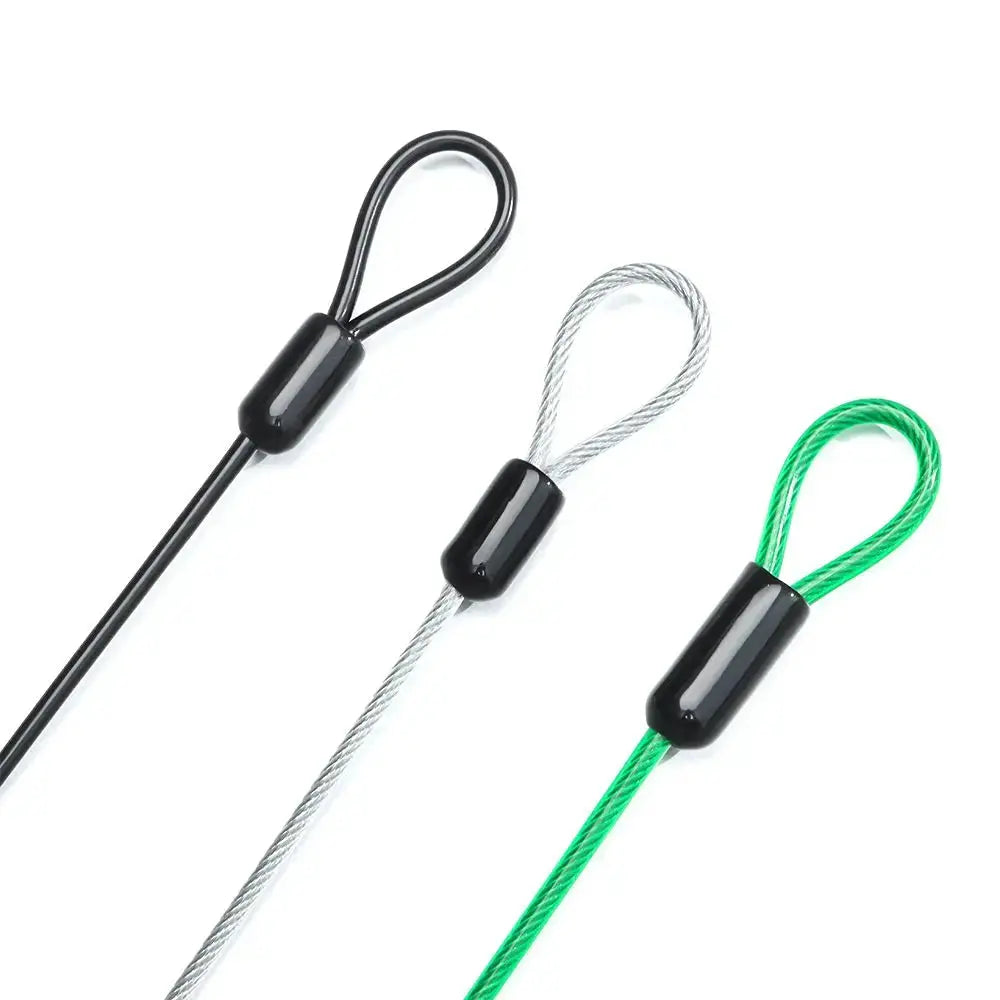 Bicycle steel cable lock, three cables in black, gray, and green, 0.5/1/2m lengths.
