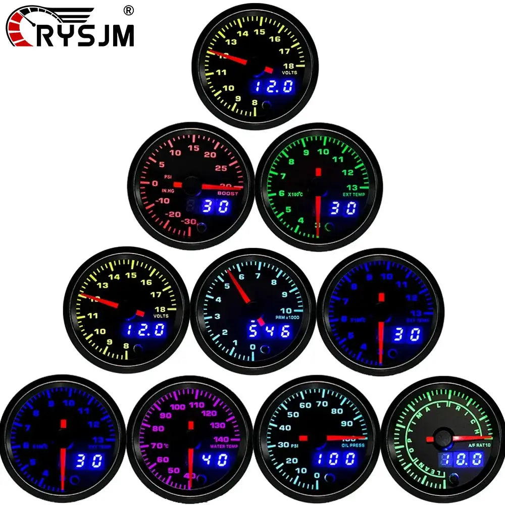 CRYSJM 2in 52mm LED gauge cluster set with 7-color backlit dual-display meters (10 gauges total)