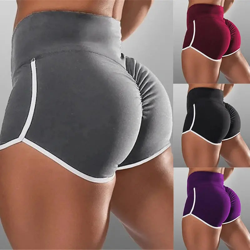 Womens gym shorts by Simples Market with four color options gray burgundy black purple, white piping and stretchy fabric