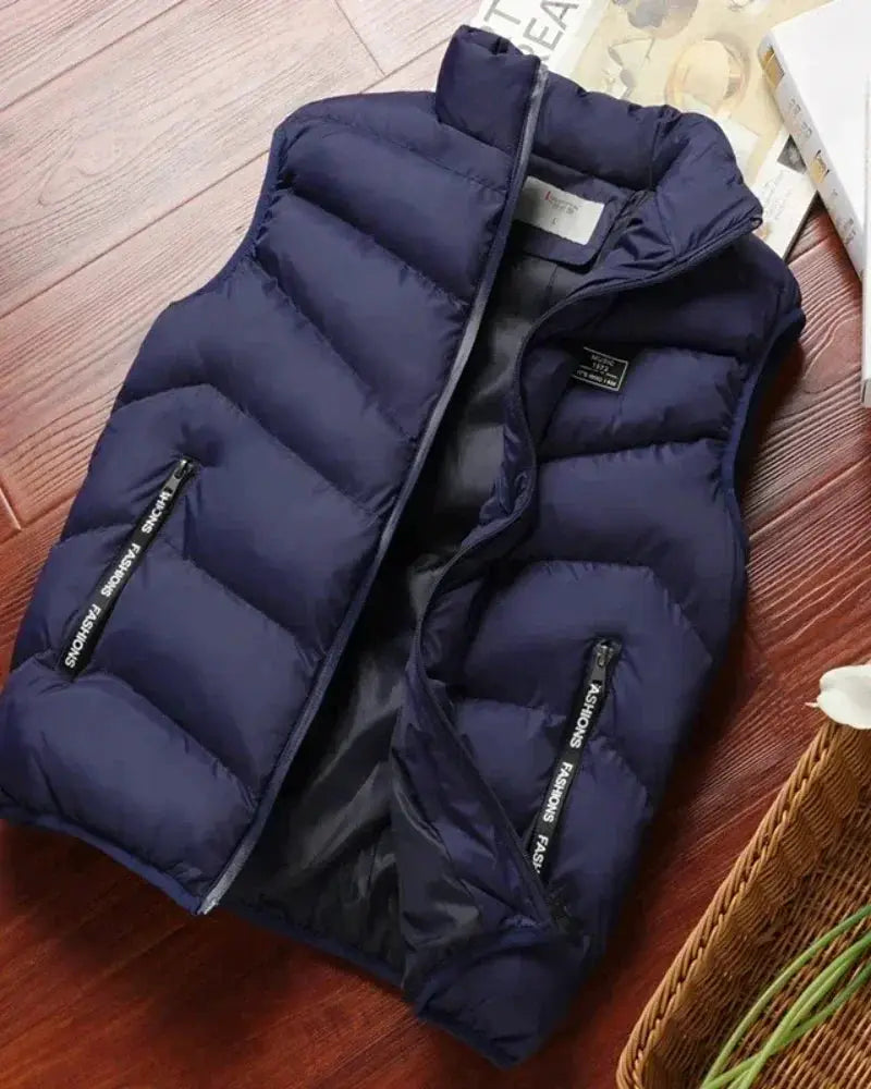 Men's navy puffer sleeveless vest with zip pockets and front zipper, quilted down outerwear