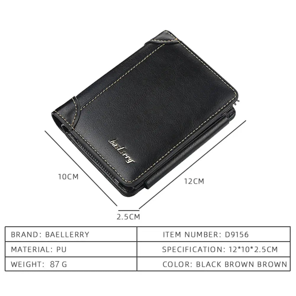 Men's zipper PU leather wallet by Baellerry, black compact card holder