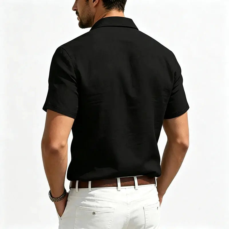Men's black linen short-sleeve button-up shirt with a lapel collar for casual summer wear