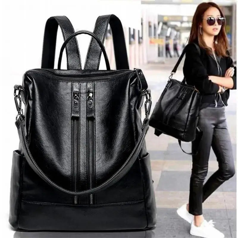 Women's black leather backpack by Simples Market; two bags shown with large capacity.