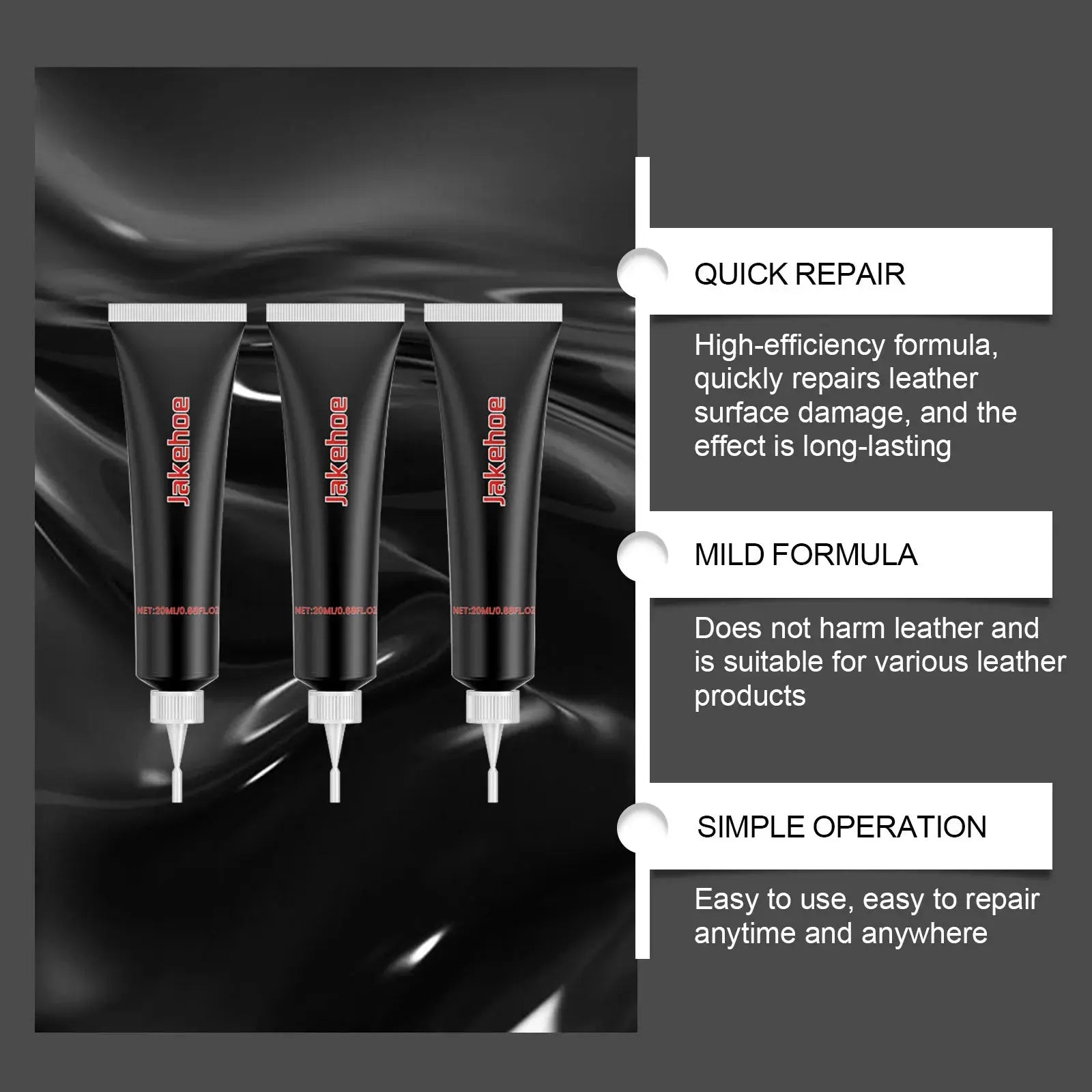 Leather repair kit for car interiors and leather items; three black tubes with white caps