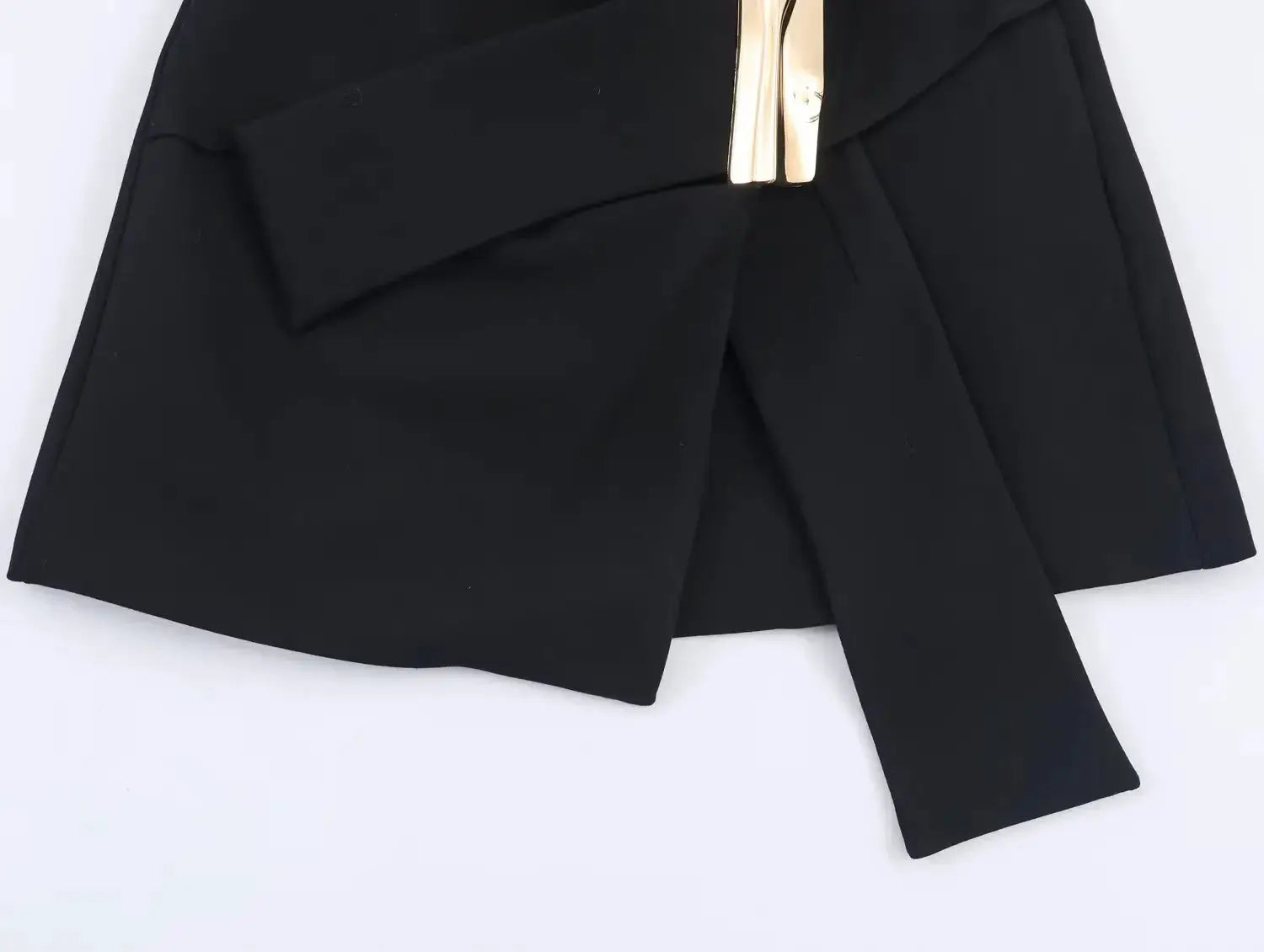 Women's black two-piece suit set with buckle-detail long-sleeve blazer and straight-leg pants