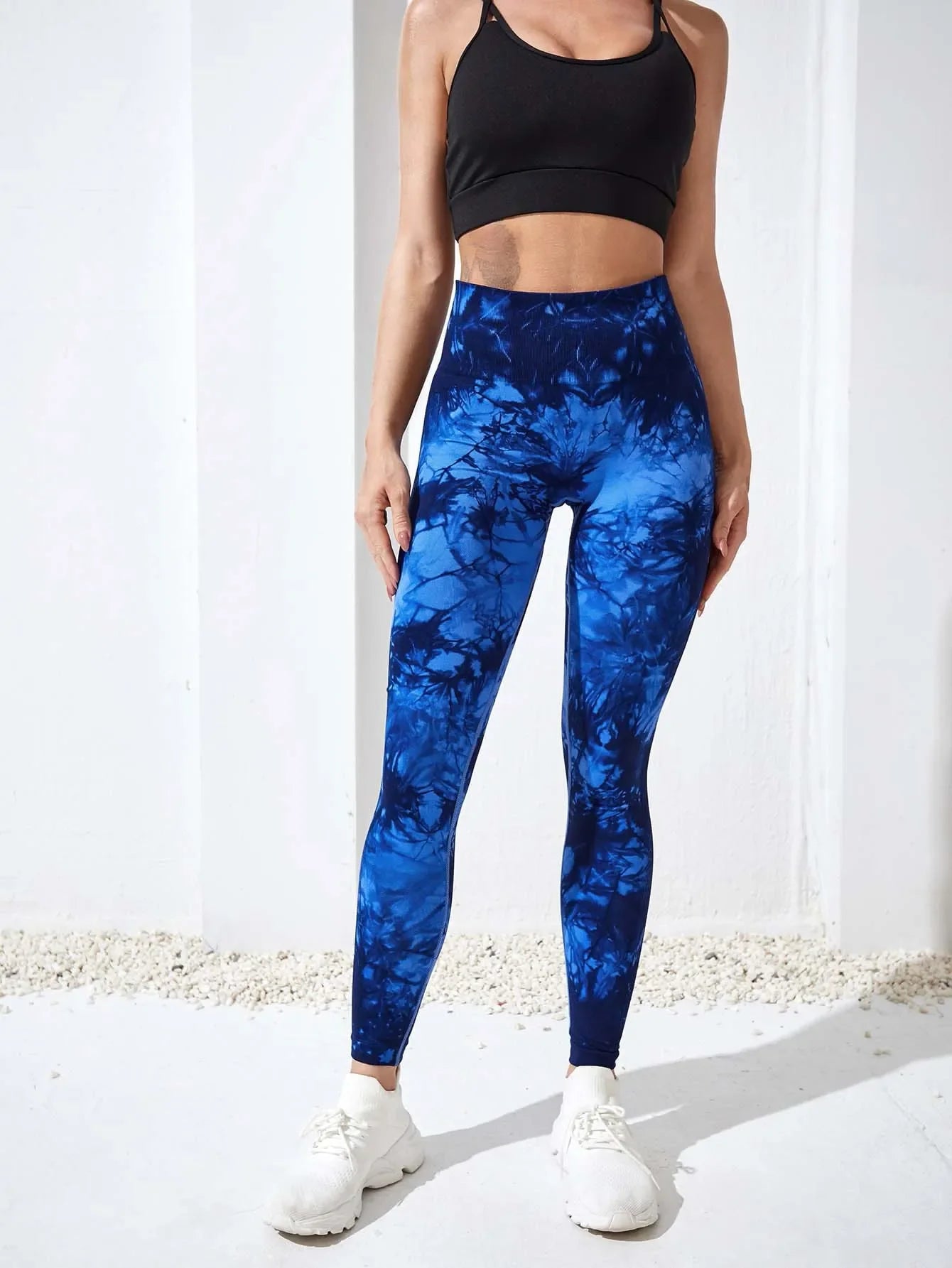Women's blue tie-dye nine-tenths length leggings with high-waist, soft stretchy yoga pants.