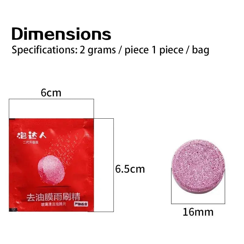 Car windshield cleaner effervescent tablet; red sachet and pink 16 mm disk shown (2 items)