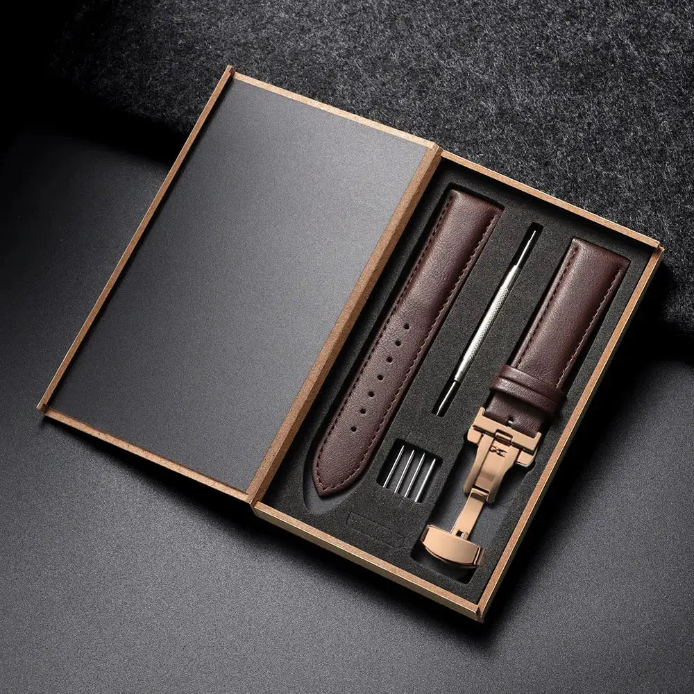 Genuine Leather Watchband 14 16 18 20 22 24mm With Automatic Butterfly Buckle For Men And Women Gift Box